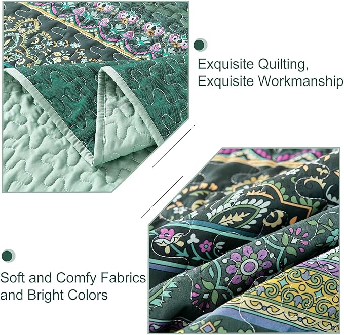 WONGS BEDDING Boho Quilt Full Size, Green Bohemian Full Quilt Set, Lightweight Microfiber Bed Decor Bedspread for All Season 78"x90"(3 Pieces)
