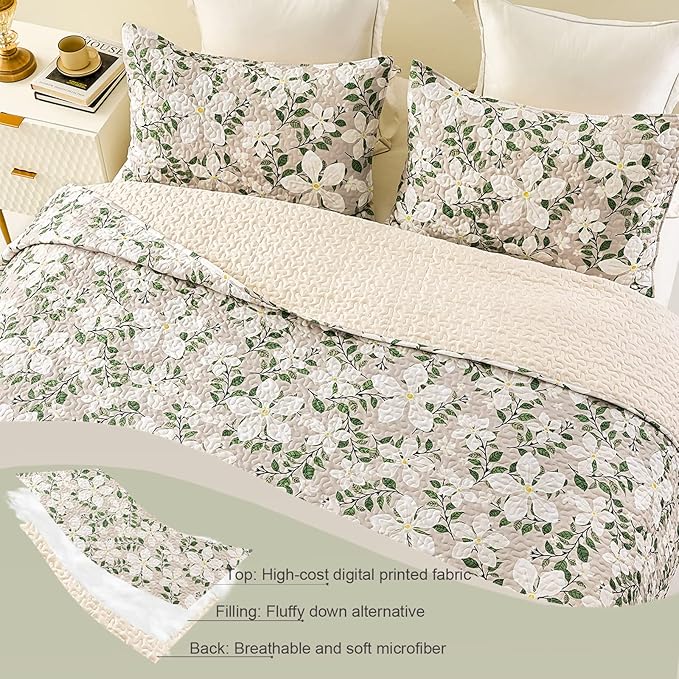 Whale Flotilla Reversible Printed Quilts Queen Size, Extra Soft Boho Floral Leaf Bedspreads for Bed Lightweight Full Queen Quilt Bedding Set Coverlets with 2 Pillow Shams for All Seasons, White Bone