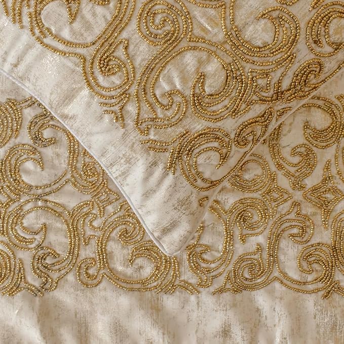 The HomeCentric King/Queen/Twin Gold Designer Queen 74"x18" Bed Runner with 2 Pillow Cover, Foil & Hand Beaded Embroidery Bed Scarf on Jacquard Fabric - Ornamento Oro