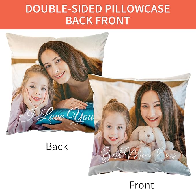 Easycosy Custom Velvet Pillow with Picture & Text, Two-Sides Customized Photo Pillowcase, 18"x18" Personalized Pillow Cover with Photo, Custom Gifts for Mom Mother's Day (Optional Pillow Insert)