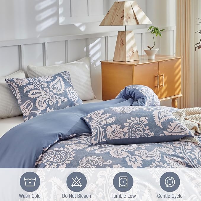 Lekesky Blue Duvet Cover Queen Size, Paisley Patterned Duvet Cover Set with Zipper, 3 Pcs Soft Microfiber Duvet Cover Floral Bedding Set (1 Queen Duvet Cover 90"x90", 2 Pillowcases 20"x26")
