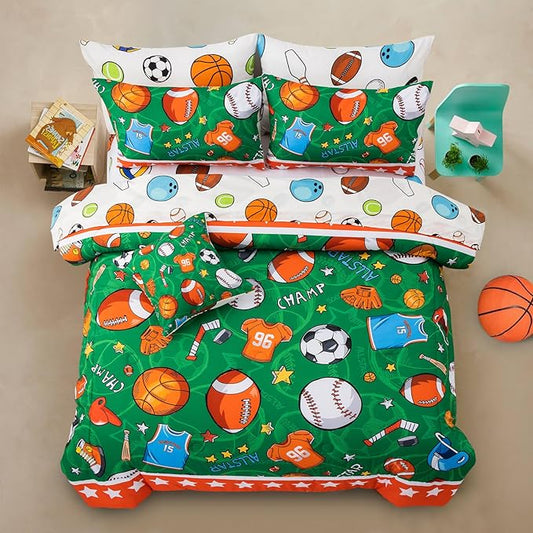 A Nice Night 6Pcs Bed in A Bag Twin Sports Comforter Set, Rugby Ball Jersey Patchwork Printed Bedding Collections,for Boys Kids Teen,Green