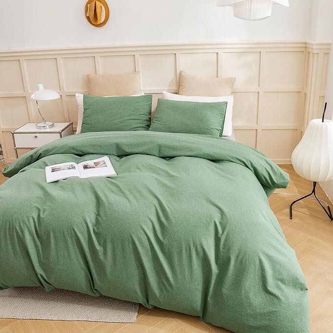 ECOCOTT Sage Green Duvet Cover King Size, 3 Piece 100% Washed Cotton 1 Duvet Cover with Zipper and 2 Pillowcases, Ultra Soft and Easy Care Breathable Cozy Bedding Set(Sage Green, King)