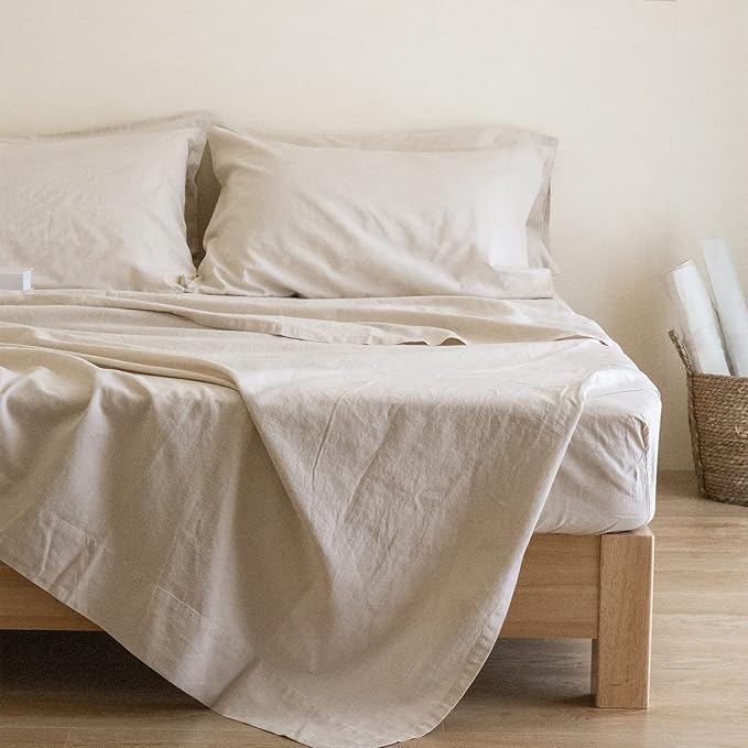 Simple&Opulence Belgian Linen Sheet Set Solid Color - 6 Pieces (1 Flat Sheet & 1 Fitted Sheet & 4 Pillowcases) 16" Deep Pocket Natural Flax Cotton Blended Soft Bedding - Linen, King Size