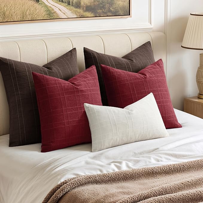 MIULEE Decorative Linen Check Euro Shams Throw Pillow Covers Neutral Farmhouse Vintage Pillow Covers 24x24 Set of 2 Boho Modern Home Decor for Sofa Couch Bedroom Cushion Burgundy