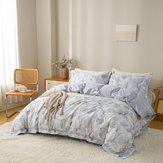 OAITE Duvet Cover Set Queen Size Floral Pattern Ultra Soft 100% Cotton Duvet Cover Sets 3-PC, Breathable Duvet Cover with Zipper Closure & Corner Ties(2 Pillow Shams,1 Duvet Cover)