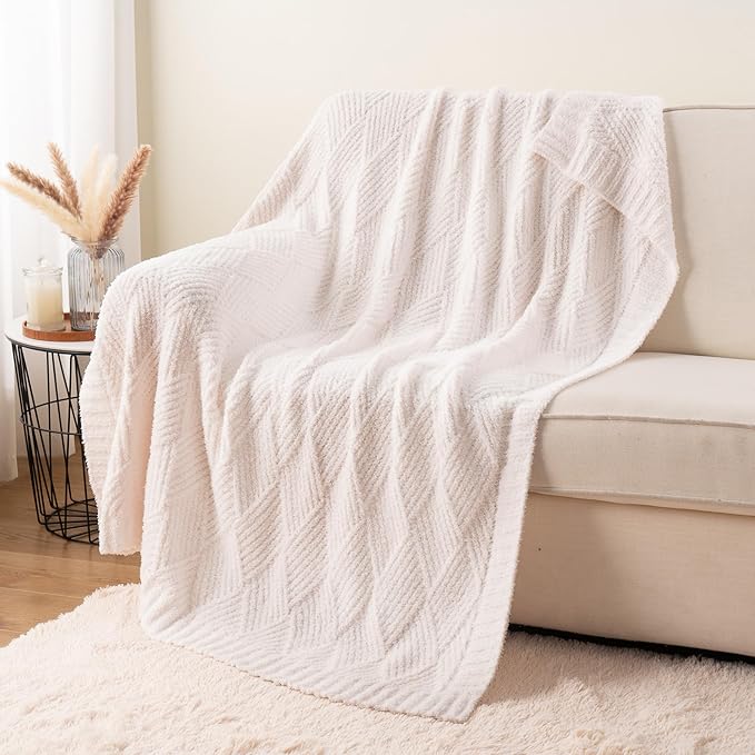 Battilo White Diamond Knit Throw Blanket for Couch and Bed, Ivory Soft Textured Chenille Blanket, Cozy Lightweight Decorative Blanket for Sofa, 50"x60"