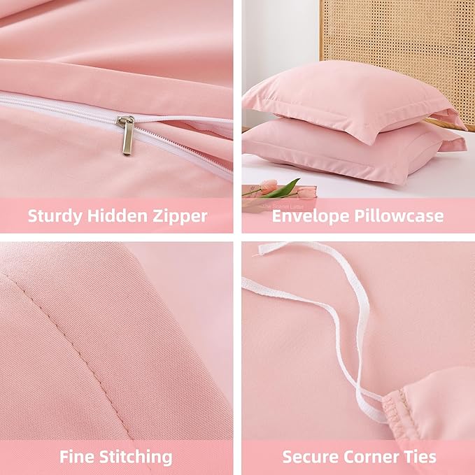 Whitney Home Textile Rose Pink Duvet Cover Set Queen Size - 3 Piece Luxury Soft Cooling Duvet Cover with Zipper Closure and Pillow Sham, Breathable Washed Brushed Microfiber, Comforter Not Included