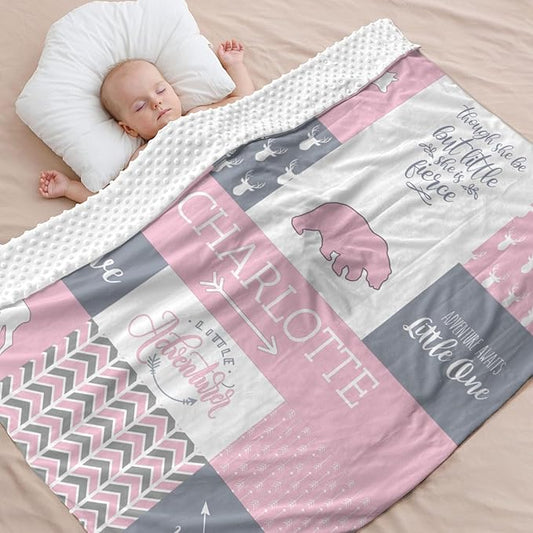 Custom Micro Fleece Baby Blanket for Girls with Double Layer and Soothing Raised Dots, Breathable and Soft Lightweight Receiving Blanket for Newborns, 35x45 Inches, Woodland Bear, Baby Pink