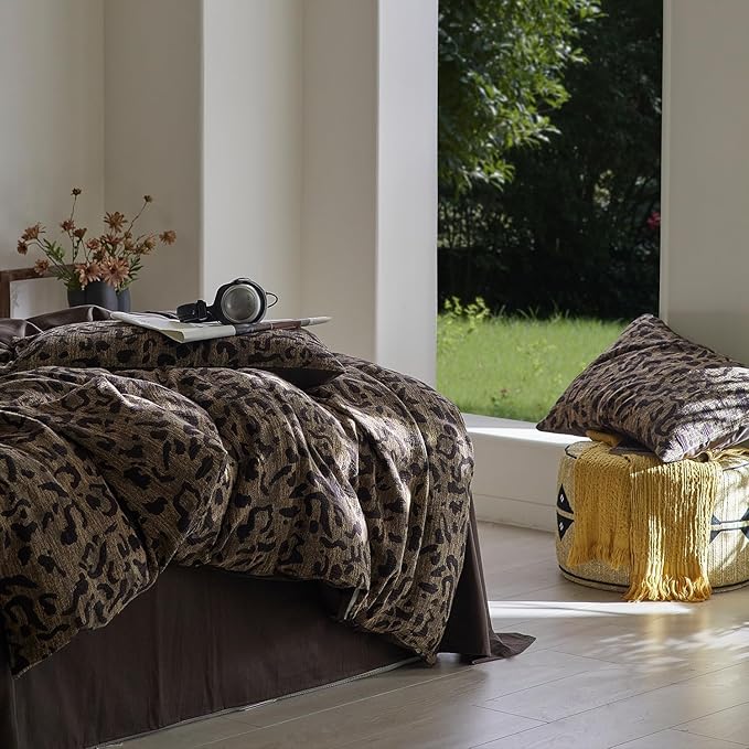 LifeTB Leopard Print Duvet Cover Full Yarn-Dyed Jacquard Cotton Duvet Cover Brown Leopard Pattern Comforter Cover Farmhouse Bedding Set Animal Cheetah Printed Comforter Cover with 2 Pillowcases