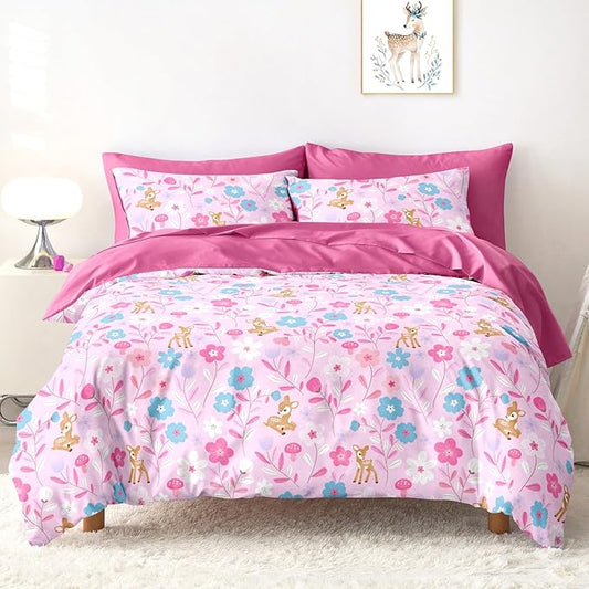 Wake In Cloud - Floral Bedding Set for Girls, Cute Colorful Botanical Flowers Deers Patterned Soft Lightweight Comforter Set with Sheets, 5 Pieces Kids Bed in a Bag, Pink, Twin Size