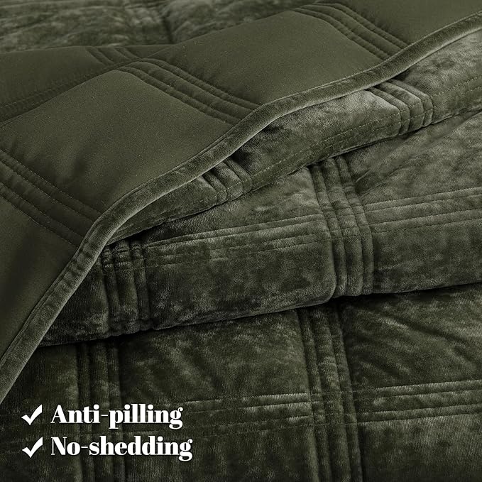 PHF Ultra Soft Velvet Quilt Set Queen Size – 3PCS Luxurious Cozy Quilted Comforter Alternative with Diamond Pattern, Warm Quilted Bedspread Coverlet, 90" x 92", Smokey Olive