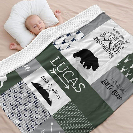 Personalized Baby Blanket Cute Animal Blanket for Boys - Soft Double Layer with Dotted Backing, Toddler to Newborn, Shower Gifts, Bronze Green (35 X 45 inches)