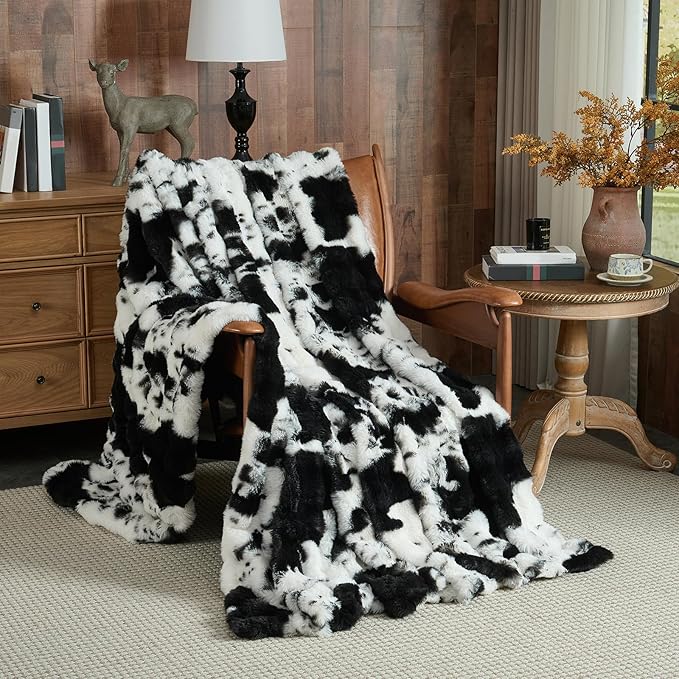 Lotus Karen Faux Fur Throw Blanket Cow Print-Black, Fluffy Fuzzy Plush Bubble Blanket for Couch, 60x50 Inches Cozy Shaggy Rabbit Blanket, Luxury Decorative Gifts for Sofa Bedroom Living Room.