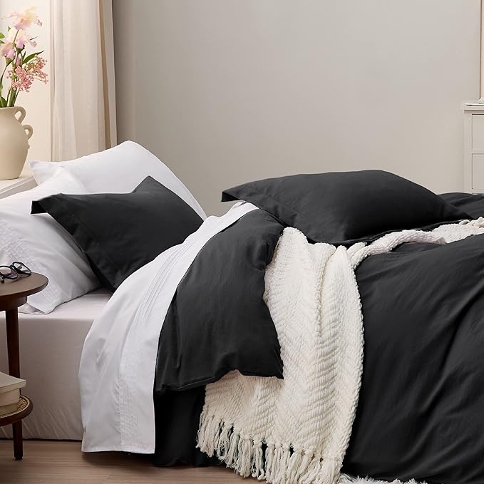 Bedsure Black Duvet Cover Full Size - 3 Pieces Prewashed Extra Soft Cotton-Like Polyester Bedding Set, Includes 1 Duvet Cover 80x90 Inches with Zipper Closure & 2 Pillow Shams, Comforter Not Included