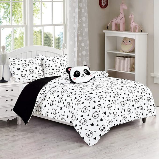 Chezmoi Collection 4-Piece Black White Girls Bedding Set Love Panda Hearts Microfiber Comforter Set w/Panda Throw Pillow for Kids Teens Full/Queen (Oversized Twin)