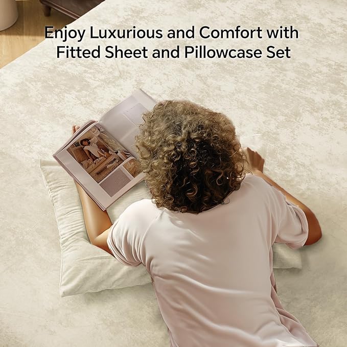 BEDELITE Velvet Fitted Sheet and Pillowcases Set, Luxury Soft Fuzzy Bottom Sheet with Reinforced Elastic Corner Straps, Deep Pocket up to 15 Inch, 1 Fitted Sheet and 2 Pillowcases (Queen, Cream)