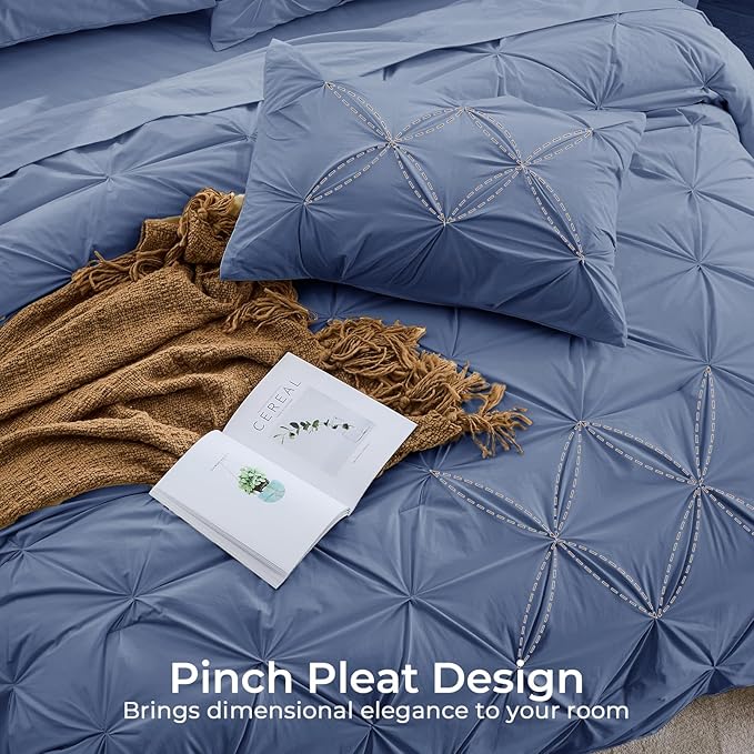 Sasttie King Size Comforter Set, 7-Piece Bed in a Bag, Pintuck Bedding Set for All Season, Includes Comforter, Flat Sheet, Fitted Sheet, Pillowcases and Pillowshams, Slate Blue