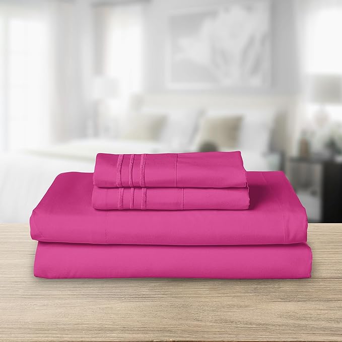 Elegant Comfort Luxurious 1500 Premium Hotel Quality Microfiber Three Line Embroidered Softest 4-Piece Bed Sheet Set, Wrinkle and Fade Resistant, Full, Hot Pink