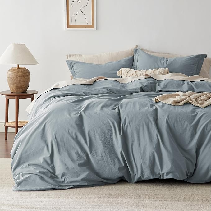 Bedsure 100% Washed Cotton Duvet Cover King Size - Dusty Blue Minimalist Cotton Duvet Cover Linen Like for All Seasons - GentleSoft™ Plain Simple Bedding (Dusty Blue, King, 104"x90")