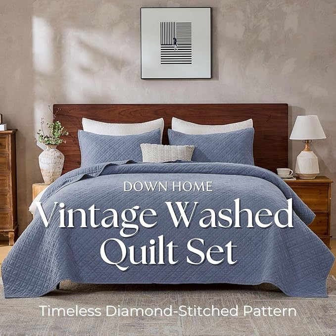 DOWN HOME Twin Quilt Set with Sham Lightweight Quilted Bedspread Coverlet Thin Comforter Bed Cover Vintage Washed Quilted Blanket for All Season, Brushed Microfiber Diamond Stitching, Blue, 66"x92"