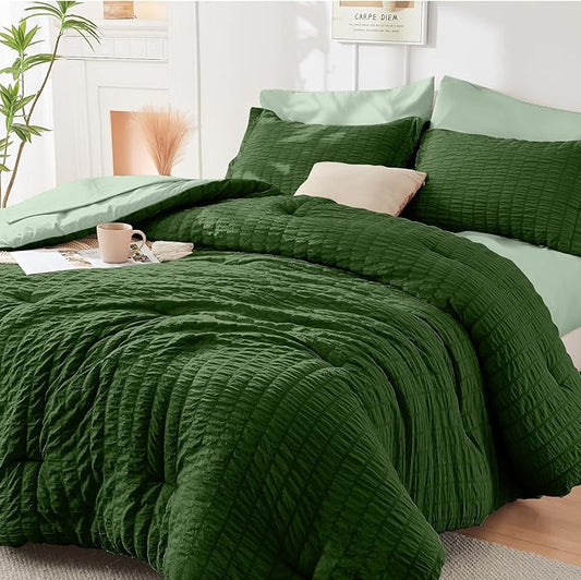 HYMOKEGE Dark Green/Sage Green Full Size Comforter Sets Seersucker 7 Pieces, All Season Luxury Bed in a Bag for Bedroom, Bedding Set with Comforter, Sheets, Pillowcases & Shams