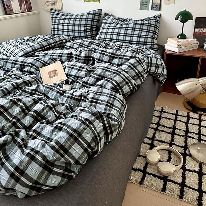Vintage Grey White Buffalo Plaid Duvet Cover Twin XL Modern Soft 3 Piece Washed Cotton Bedding Set Soft Breathable Checkered Comforter Cover Farmhouse Grid Duvet Cover Plaid Gingham Bedding Set