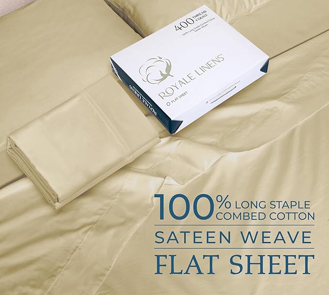 Royale Linen 400 Thread Count 100% American Grown Cotton Flat Sheet - Cooling Sheets - King Sheets - Luxury Sateen Weave - King Flat Sheet Sold Separately - Sand Flat Sheet Only (King, Moroccan Sand)