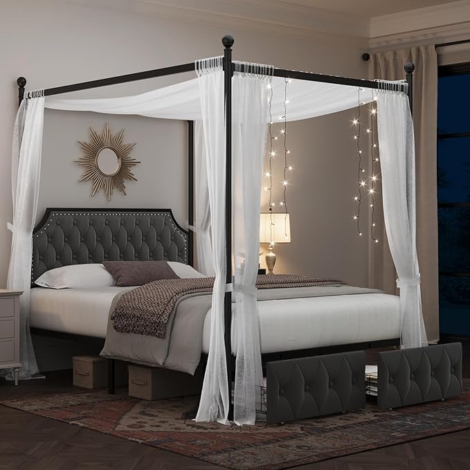 Keyluv Full Upholstered Canopy Bed Frame with 2 Drawers and Button Tufted Headboard Metal Platform Bed with 4 Removable Posts Two-Purpose Velvet Bed No Box Spring Needed Dark Grey/Curtain Not Included