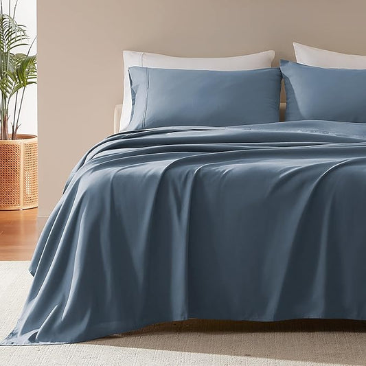 SLEEP ZONE Nanotex Super Soft Cooling Kids Bed Sheets Set Twin XL 3 Piece - Easy Care Fitted Flat Sheet & Pillowcase Sets - Wrinkle Free, Fade Resistant, Deep Pocket 16" (Flint Blue, Twin XL)