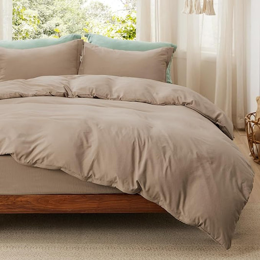 Bedsure Duvet Cover Full Size with Fitted Sheet - 4 Pieces Prewashed Cotton-Like Polyester Extra Soft Bedding Set, Includes 1 Duvet Cover 80x90 Inches, 2 Pillow Shams, 1 Fitted Sheet, Deep Beige