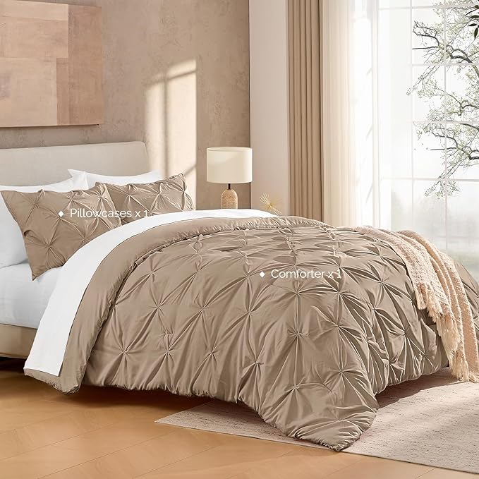 Andency Taupe Comforter Twin(66x90Inch), 2 Pieces(1 Pintuck Comforter, 1 Pillowcase) Microfiber Pinch Pleat Comforter Set Twin Size, Lightweight and Soft Bedding Comforter Set