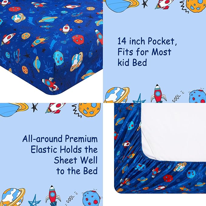 Kids Sheet Set Full Size, Full Sheet Set with Space Universe Pattern，Breathable Silky Soft Microfiber Kids Fitted Sheet