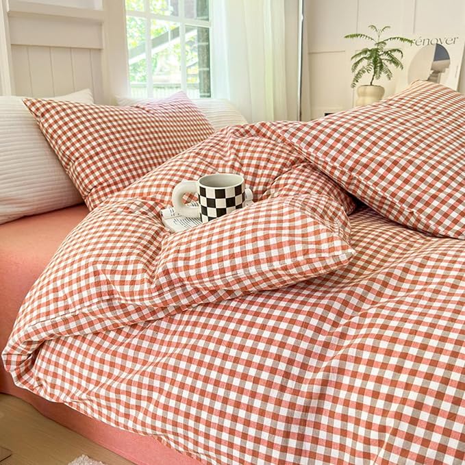 LifeTB Gingham Comforter Set Full Modern Style Red Orange Grid Plaid Comforter Soft Fluffy 3 Pieces Checkered Pattern Comforter Set Farmhouse Orange Gingham Bedding Comforter with 2 Pillowcases