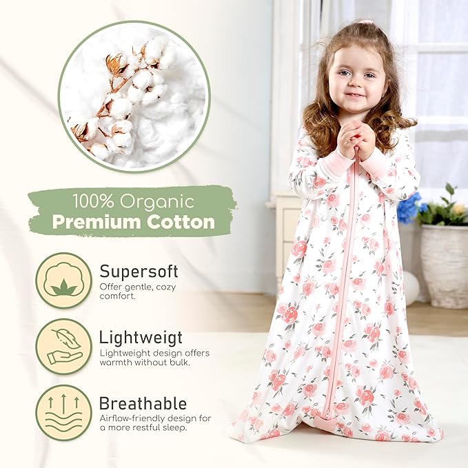 Mama Cheetah Baby Sleep Sack with Sleeves, 0.5 TOG Organic Cotton Wearable Blanket and Two-Way Zipper, Swaddle Transition Long Sleeve Sleeping Bag for Newborn Infant Toddler, 24-48 Months