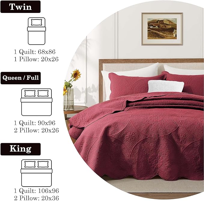 MOONLIGHT20015 King Quilt Bedding Set Size (106" x 96") + 2 Pillow Shams (20" x 36"+ 2") - 3 Pcs All Season Lightweight Reversible Quilt Bedspread Microfiber Floral Embossed Coverlet (Burgundy)