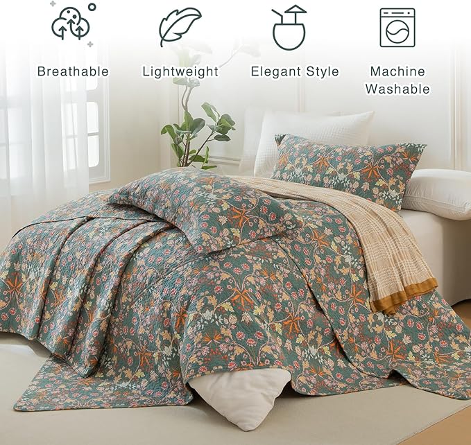 QSH 3Pcs Oversized King Quilt Bedspread Set(120"x120")-100% Cotton Floral Quilt California King Size Luxury Paisley Flower Botanical Printed Bedspread Coverlet Set Lightweight Soft for All Season