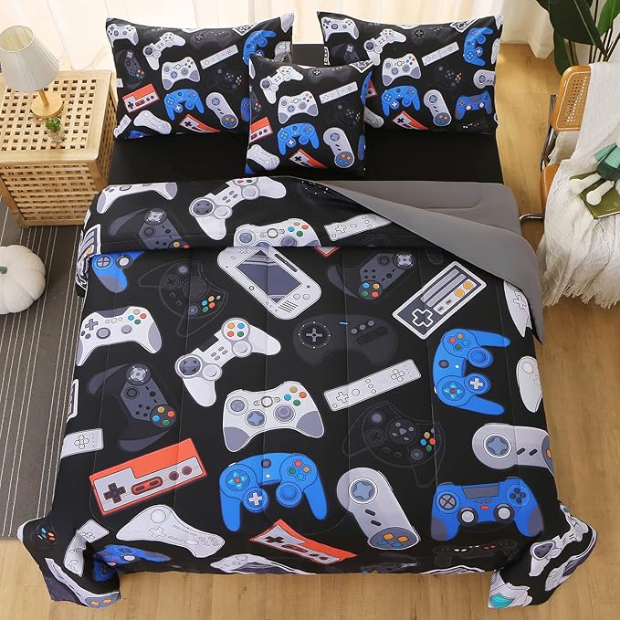 JQinHome Twin Gamer Comforter Set for Boys,6 Piece Bed in A Bag 3D Video Game Bedding -All Season Soft Microfiber Down Alternative Comforter Gamer Bedding Sets for Kids