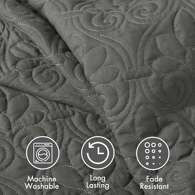 Madison Park Quebec Split Corner Quilted Bedspread Classic Traditional Design All Season, Lightweight, Bedding Set, Matching Shams, Queen (60" x 80" + 24"D), Damask Quilted Dark Grey 3 Piece