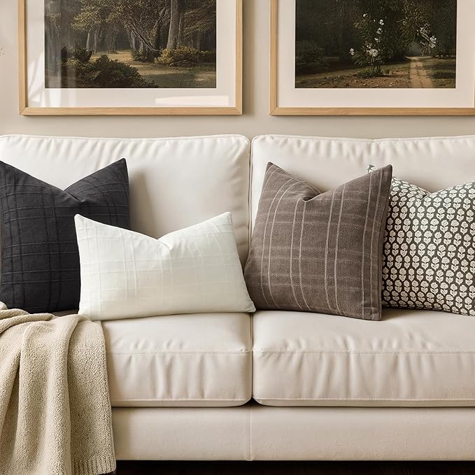 MIULEE Decorative Linen Check Throw Pillow Covers Neutral Farmhouse Vintage Pillow Covers 18x18 Set of 2 Boho Modern Home Decor for Sofa Couch Bedroom Cushion Black