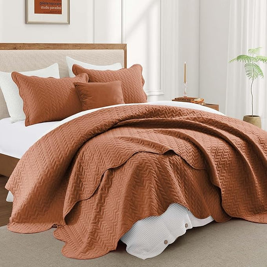 MOONLIGHT20015 Bedspreads Quilts Queen Size Bedding Set (90" x 96") - 2 Pillow Shams (20" x 26"+ 2") - All Season Lightweight Reversible 3 Pcs Microfiber Coverlet Embossed Quilt Bedspreads (Rust)