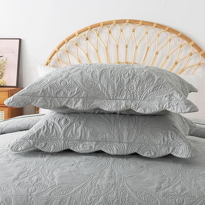 HoneiLife Quilt Set Queen Size - 3 Piece Queen Quilt Bedding Set Microfiber Quilt Sets Lightweight Bedspreads Reversible Coverlets Retro Bed Cover Floral Bedding Set All Season Quilts-Light Grey