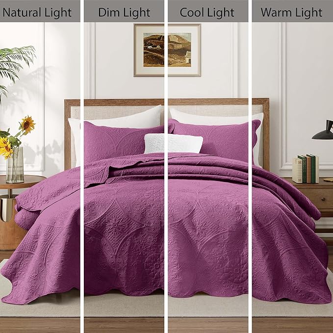 IR Imperial Rooms Twin Quilt Bedding Set Size (68” x 86”) + 1 Pillow Shams (20” x 26” + 2”) - 2 Pcs All Season Lightweight Reversible Microfiber Coverlet Floral Embossed Quilt Bedspread (Purple)