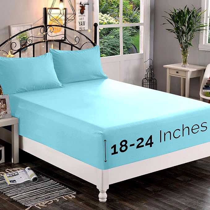 Elegant Comfort 1500 Premium Quality Fitted Sheet Ultra Soft 18-24 Inch Extra Deep Pocket - Single Fitted Sheet for High Mattress - Wrinkle Free with Smart Storage Pockets, Twin/Twin XL, Aqua Blue