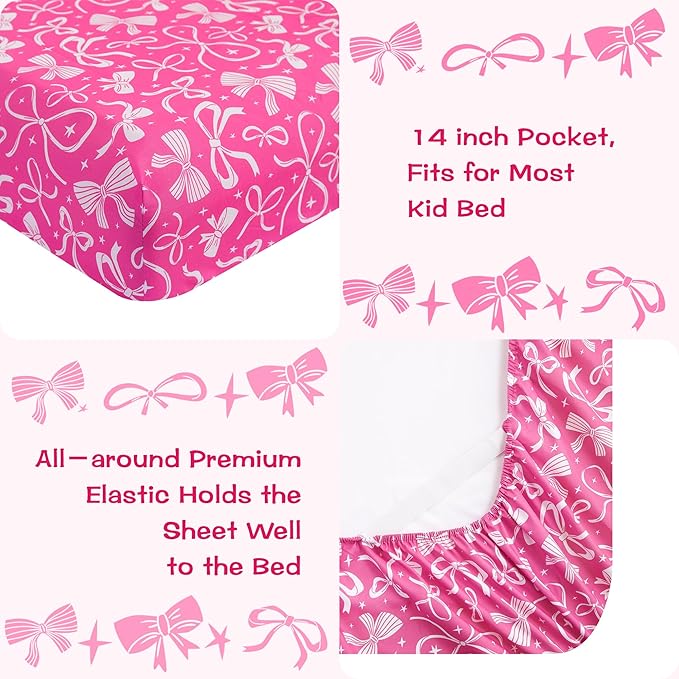 Kids Sheet Set Twin Size, Twin Sheet Set with Pink Bow Pattern，Breathable Silky Soft Microfiber Kids Fitted Sheet