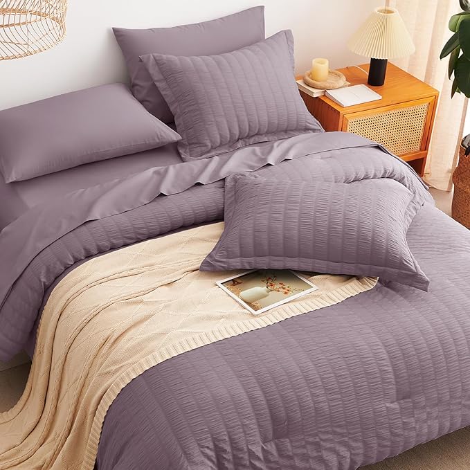 CozyLux Oversized King Comforter Set Dusty Purple Seersucker 7 Pieces 120x98 Bed in a Bag Comforter Set with Sheets, Luxury Bedding Sets with Down Alternative Comforter, Sheets, Pillowcases & Shams