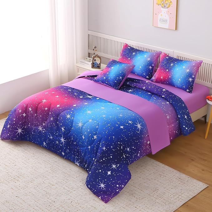 JQinHome Queen Ombre Pink Purple Comforter Set, 6 Piece Bed in A Bag 3D Colorful Bedding Sets for Teen Girls (1 Comforter,2 Pillowcases,1 Flat Sheet,1 Fitted Sheet,1 Cushion Cover)(Star Purple)