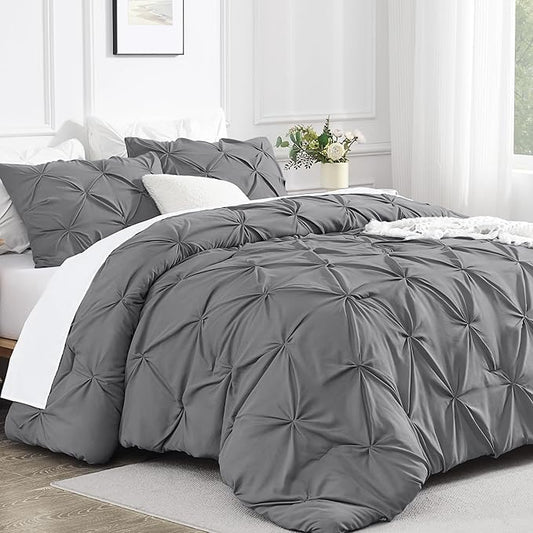 Andency California King Comforter Set Medium Gray (104x96Inch), Pinch Pleat Cal King Comforter Set 3 Pieces, Oversized King Pintuck Bed Comforter, Microfiber Down Alternative Comforter Bedding Set