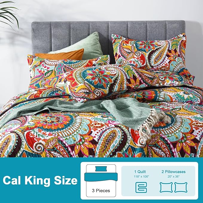 Qucover California King Quilt, Cotton Boho Paisley Quilt, 3 Piece Lightweight Oversized King Bedspread with Pillow Shams, Lightweight Colorful Bedding Comforter Sets, 118x106