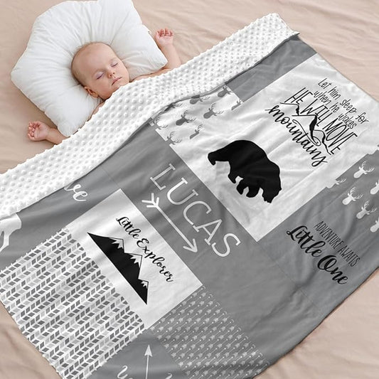 Personalized Baby Blanket for Boys, 35x45 Inches Soft Double Layer Baby Blankets with Dotted Backing, Receiving Blanket Bed Throws for Newborn, Infant, Babies, Bear, Frost Gray